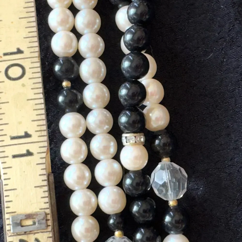 Vintage Richelieu Multi-Strand Necklace Costume Pearls Black Bead Crystal Spacer